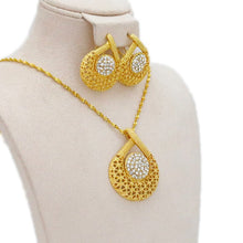 Load image into Gallery viewer, Ladies Gold Round Overlap Cross Cutout Crystal Pendant & Earring Necklace Set