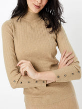 Load image into Gallery viewer, Ladies Carmel High Neck Wide Ribbed Knitted Buttoned Sleeve Jumper