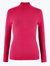 Load image into Gallery viewer, Ladies Cerise High Neck Wide Ribbed Knitted Buttoned Sleeve Jumper
