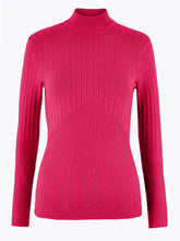 Load image into Gallery viewer, Ladies Cerise High Neck Wide Ribbed Knitted Buttoned Sleeve Jumper