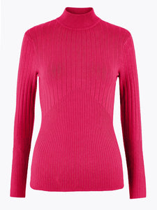 Ladies Cerise High Neck Wide Ribbed Knitted Buttoned Sleeve Jumper