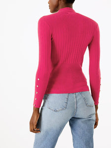 Ladies Cerise High Neck Wide Ribbed Knitted Buttoned Sleeve Jumper