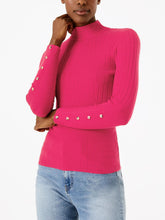 Load image into Gallery viewer, Ladies Cerise High Neck Wide Ribbed Knitted Buttoned Sleeve Jumper