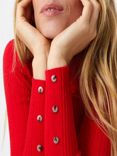 Load image into Gallery viewer, Ladies Red High Neck Wide Ribbed Knitted Buttoned Sleeve Jumper