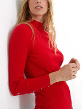 Load image into Gallery viewer, Ladies Red High Neck Wide Ribbed Knitted Buttoned Sleeve Jumper