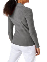Load image into Gallery viewer, Ladies Grey High Neck Wide Ribbed Knitted Buttoned Sleeve Jumper