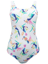 Load image into Gallery viewer, Ladies White Multi Toucan Print Scoop Neck Swimsuit
