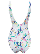 Load image into Gallery viewer, Ladies White Multi Toucan Print Scoop Neck Swimsuit