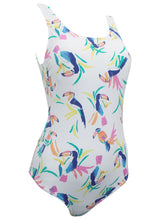 Load image into Gallery viewer, Ladies White Multi Toucan Print Scoop Neck Swimsuit