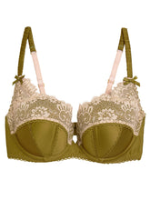 Load image into Gallery viewer, Green Satin & Lace Underwired Padded Balcony Bra