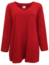 Load image into Gallery viewer, Ladies Red Pure Cotton V-Neck Long Sleeve Plus Size Tunic Tops
