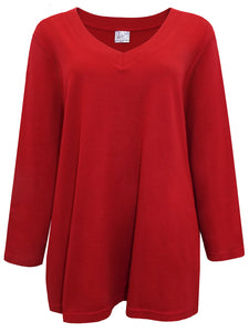 Ladies Red Pure Cotton V-Neck Long Sleeve Plus Size Tunic Tops