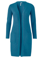Load image into Gallery viewer, Ladies Teal Open Front Longline Fishermen Ribbed Patch Pocket Plus Size Cardigan