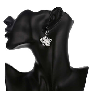 Ladies Silver 925 Sterling Filigree Flower Dangle Drop Hook Earrings