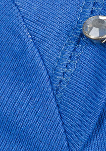 Ladies Blue Wrap Buttoned Shoulder Knitted 3/4 Sleeves Top