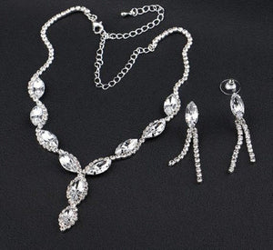 Clear Crystal Leaf V-shape Necklace & Tassel Drop Earrings