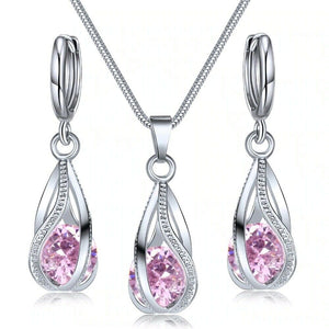 Silver Twirl Ball Water Drop Crystal Earrings & Necklace Set