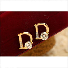 Load image into Gallery viewer, D Shape Crystal CZ Earring Gold Tone Stud Earrings
