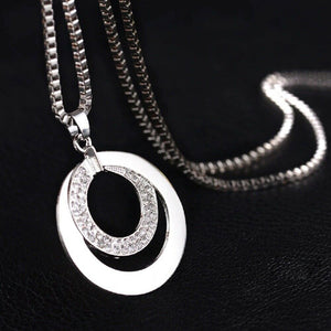 Ladies Silver Crystal Rhinestone Long Chain & Double Circle Pendant