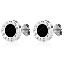 Load image into Gallery viewer, Unisex Round Black Centre Titanium Stainless Steel Roman Numeral Stud Earrings
