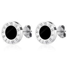 Load image into Gallery viewer, Unisex Round Black Centre Titanium Stainless Steel Roman Numeral Stud Earrings