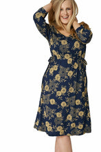 Load image into Gallery viewer, Navy & Yellow Belted Drawstring Waist 3/4 Sleeves Dress