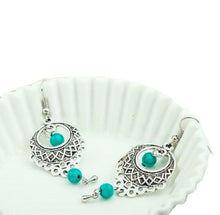 Load image into Gallery viewer, Ladies Boho Ethnic Tibetan Sterling Silver Turquoise Beads Long Hook Earrings
