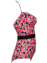 Load image into Gallery viewer, Ladies Pink Poppy Print Detachable Strap Wired Cups Panel Waist Bandeau Swimsuit