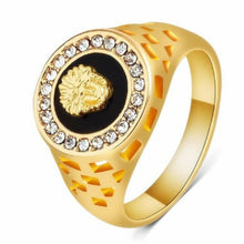 Load image into Gallery viewer, Mens Gold Filled Lion Head Medusa Black Cutout Rhinestone Signet Rings
