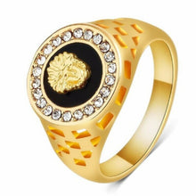 Load image into Gallery viewer, Mens Gold Filled Lion Head Medusa Black Cutout Rhinestone Signet Rings