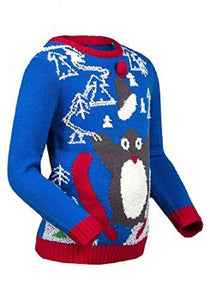 Blue Christmas Squeaky Novelty Penguin Soft Knit Longsleeve Jumper.