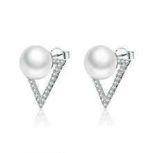 Load image into Gallery viewer, Ladies White Pearl &amp; Micro Pave Cubic Zirconia Triangle Stud Earrings
