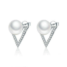 Load image into Gallery viewer, Ladies White Pearl & Micro Pave Cubic Zirconia Triangle Stud Earrings