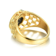 Load image into Gallery viewer, Mens Gold Filled Lion Head Medusa Black Cutout Rhinestone Signet Rings