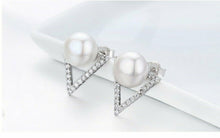 Load image into Gallery viewer, Ladies White Pearl & Micro Pave Cubic Zirconia Triangle Stud Earrings