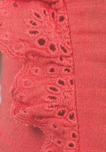 Load image into Gallery viewer, Girls Coral Cotton Lace Frill Trim Sleeveless Jumpsuit.