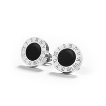 Load image into Gallery viewer, Unisex Round Black Centre Titanium Stainless Steel Roman Numeral Stud Earrings