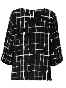 Black Grid 3/4 Sleeve Woven Blouse Scoop Neck