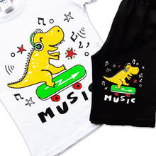 Load image into Gallery viewer, Boys Dino Skating Music Print T-shirt &amp; Short Set
