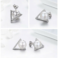 Load image into Gallery viewer, Ladies White Pearl & Micro Pave Cubic Zirconia Triangle Stud Earrings