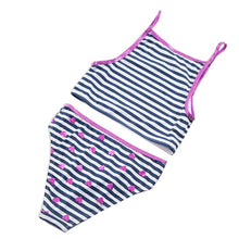 Load image into Gallery viewer, Girls Navy & White Stripe Love Heart Tankini Top & Bottom Swimsuit Set