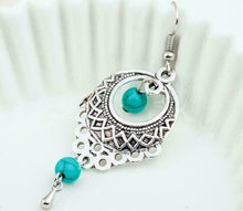 Load image into Gallery viewer, Ladies Boho Ethnic Tibetan Sterling Silver Turquoise Beads Long Hook Earrings