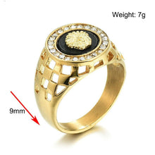 Load image into Gallery viewer, Mens Gold Filled Lion Head Medusa Black Cutout Rhinestone Signet Rings