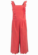 Load image into Gallery viewer, Girls Coral Cotton Lace Frill Trim Sleeveless Jumpsuit.