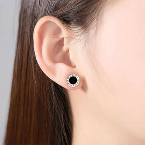 Unisex Round Black Centre Titanium Stainless Steel Roman Numeral Stud Earrings