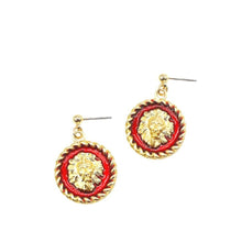 Load image into Gallery viewer, Retro Lion Head Round Medusa Medallion Red Enamel Dangling Earrings