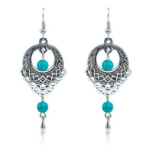 Load image into Gallery viewer, Ladies Boho Ethnic Tibetan Sterling Silver Turquoise Beads Long Hook Earrings
