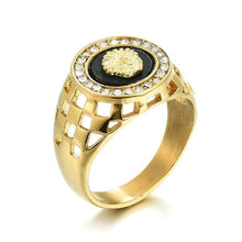 Load image into Gallery viewer, Mens Gold Filled Lion Head Medusa Black Cutout Rhinestone Signet Rings