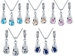 Silver Twirl Ball Water Drop Crystal Earrings & Necklace Set