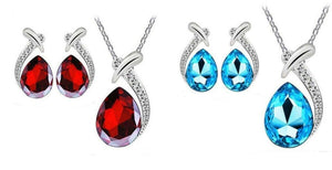 Silver Necklace Crystal Pendant & Waterdrop Earrings